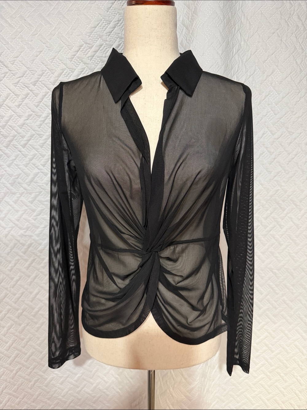 Black Sheer Twist-Front Collared Blouse